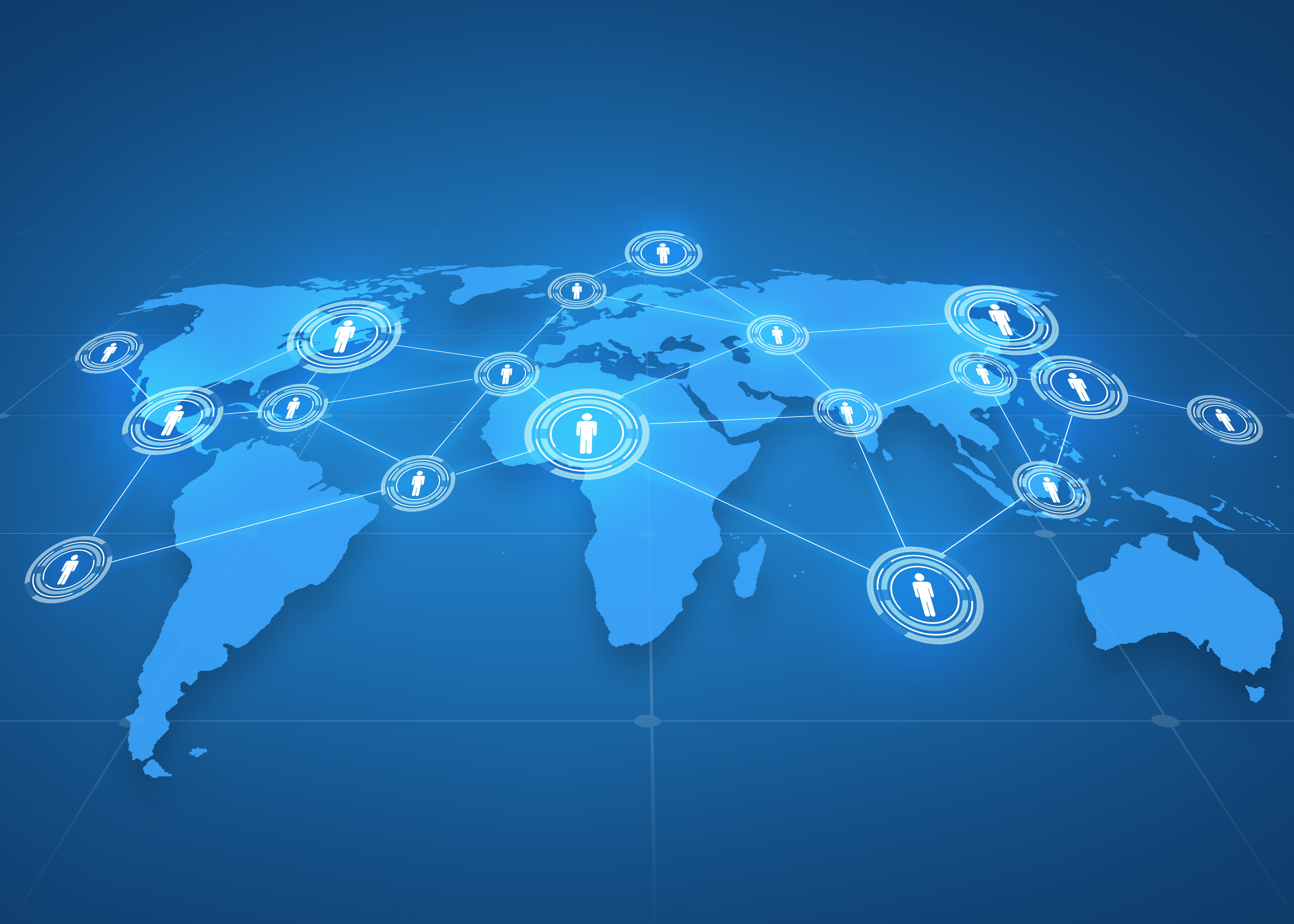 Concepto global de negocios, redes sociais, medios de comunicación e tecnoloxía: proxección de mapas do mundo con iconas de persoas sobre fondo azul
