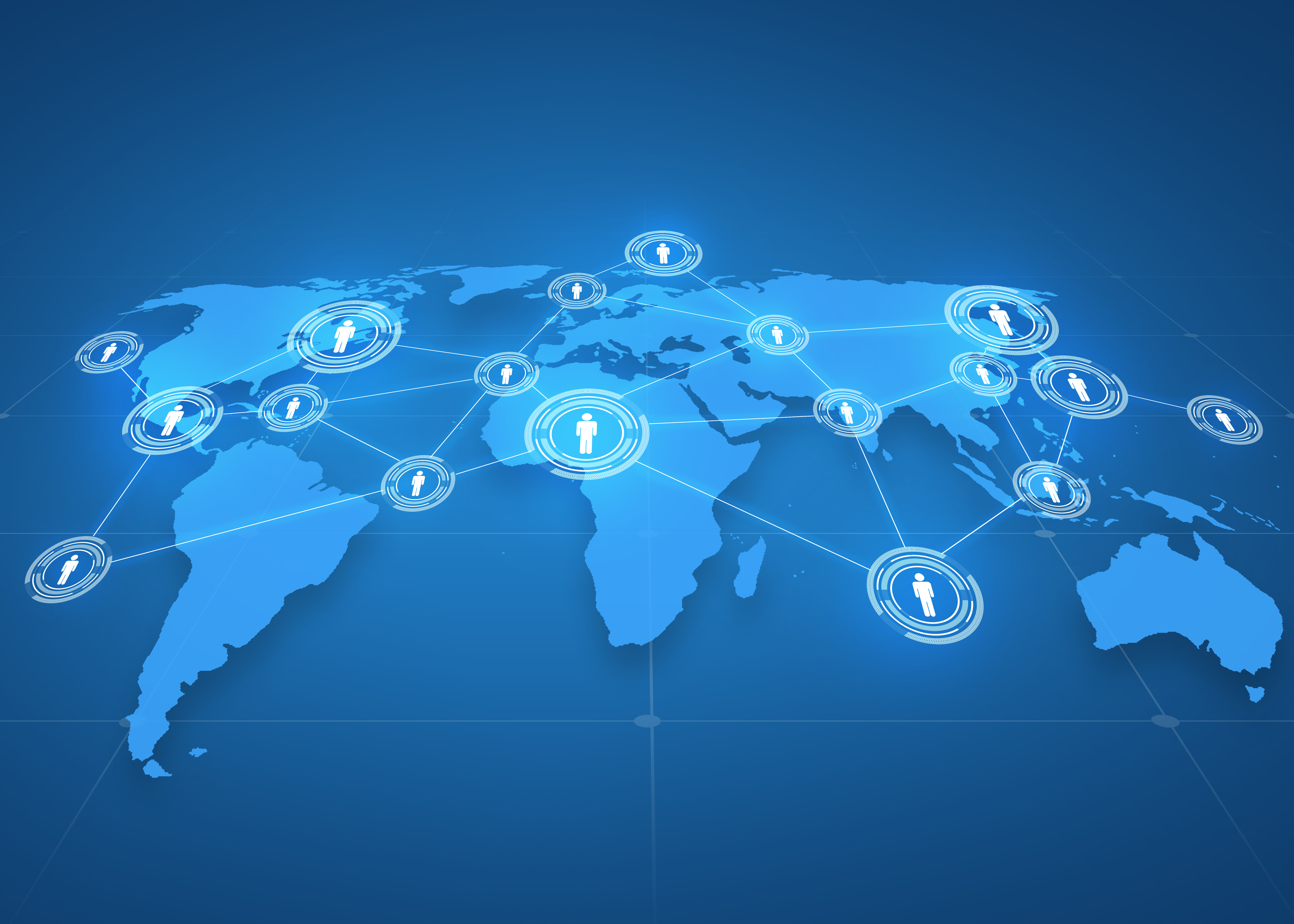 concept d'entreprise mondiale, de réseau social, de médias et de technologie - projection de carte du monde avec des icônes de personnes sur fond bleu